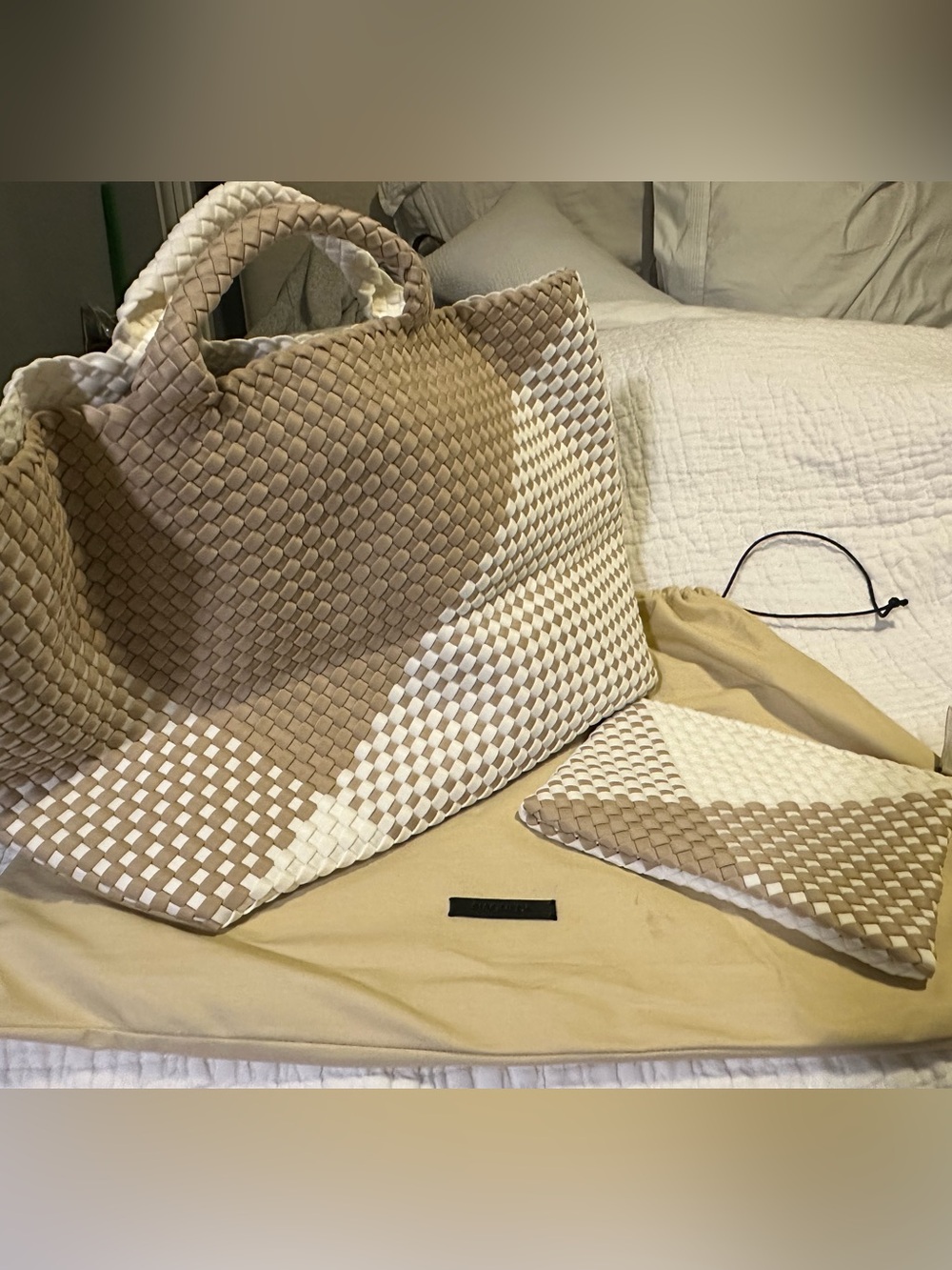 Naghedi Large Cream & Tan Woven Tote with Matching Pouch